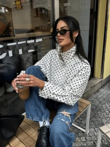 HZXVIC Women's Autumn New Polka Dot Mesh Drawstring Zipper Ribbed Collegiate Stand Collar Jacket - White - View 9