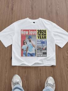 New Love 2024 Themed Graphic Print Tee,Comfortable Casual Short Sleeve, 220 Grams Heavyweight Cotton Printed T-Shirt - 白色 - 查看 1