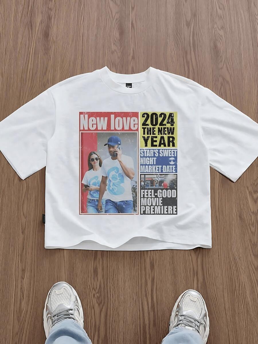 New Love 2024 Themed Graphic Print Tee,Comfortable Casual Short Sleeve, 220 Grams Heavyweight Cotton Printed T-Shirt - 白色 - 查看 1