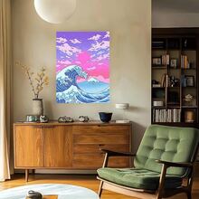 Framed 1pc Vibrant 80s Neon City Street Canvas Poster - Vaporwave-Inspired Anime Art Print With Japanese Street & Moon Scene,  Wall Decor For Modern Living Room, Bedroom, Home Office, Kawaii Room Decor - Framed(Framed(框架)) - 查看 2