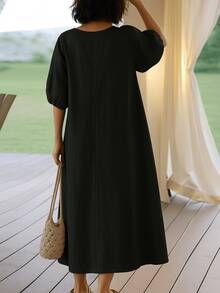 时尚女式中长灯笼袖系带连衣裙，半袖圆领，开衩细节，休闲梭织面料，舒适 - 黑色 - 查看 2