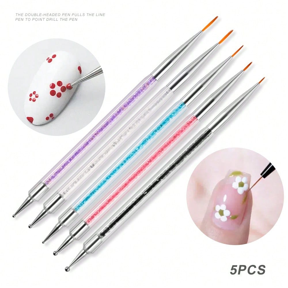 5pcs Double-Ended Rhinestone Nail Art Pens Set, 5pcs Acrylic Mixed Color Nail Art Liner Pens Set, Precise Salon Nail Art Pens, Suitable For DIY Acrylic Nail Drawing, Sculpting And Painting