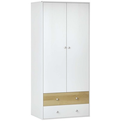 HOMCOM 2-Door Wardrobe With 2 Drawers, Hanging Rod And Anti-Tipping Straps For Bedroom Clothes Storage Organisation, White