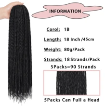 钩针编织盒状辫子 18 英寸 1/5 包女神盒状辫子钩针发预绕钩针发 3x 钩针编织盒状辫子钩针发合成编织发女士钩针发，1B - 黑色 - 查看 2