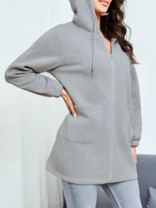 Women's Grey Long Zip-Up Hooded Sweatshirt, Elegant Women's Outdoor Sports Hoodie - Grey - View 2