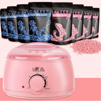 Juego de cera, calentador de cera para depilación sin dolor, juego de cera para el hogar con 5 bolsas de habas de cera dura para todo el cuerpo, piernas, cara, cejas, bikini (mujeres y hombres)