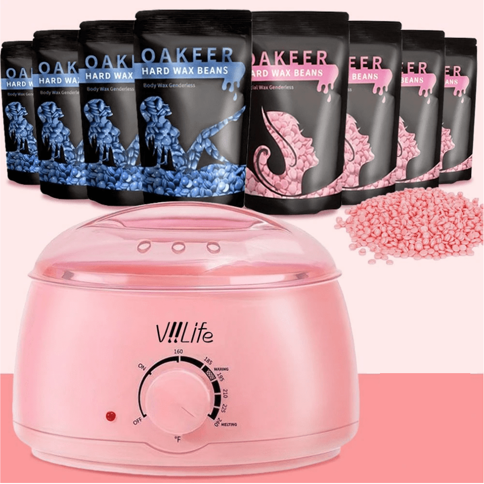 Juego de cera, calentador de cera para depilación sin dolor, juego de cera para el hogar con 5 bolsas de habas de cera dura para todo el cuerpo, piernas, cara, cejas, bikini (mujeres y hombres)