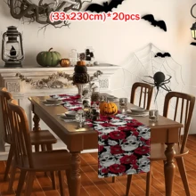 1/20 pièces Chemin de table d'Halloween, motif imprimé de fleurs rouges et de crânes blancs, décoration de table pour fête, événement, maison, cuisine, ferme, restaurant, décoration de vacances, décoration d'ambiance d'Halloween
