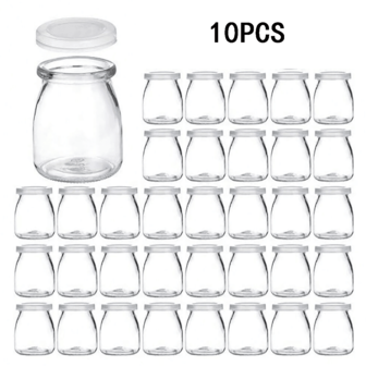 [10 个可重复使用的玻璃罐容器] Khloee 10 个 4 盎司透明玻璃罐带 PE 盖 - 可重复使用的容器，用于酸奶、布丁、牛奶、果酱、果冻、慕斯和蜂蜜 - 圆形翻盖储物罐，用于厨房整理