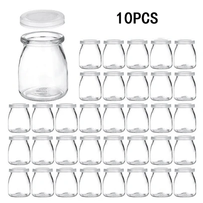 10個 再利用可能なガラス瓶コンテナ Khloee 10個 4オンス クリアガラス瓶 PE蓋付き - ヨーグルト、プディング、ミルク、ジャム、ゼリー、ムース、ハニーの再利用可能なコンテナ - ラウンド フリップトップ 保存容器 キッチン収納用