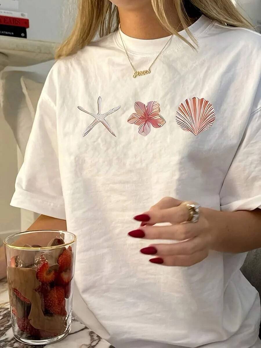 Camiseta de mujer con estampado de estrellas de mar y estilo Y2K, de manga corta, ideal para el verano - Blanco - Ver 1