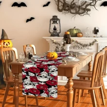 1/20 pièces Chemin de table d'Halloween, motif imprimé de fleurs rouges et de crânes blancs, décoration de table pour fête, événement, maison, cuisine, ferme, restaurant, décoration de vacances, décoration d'ambiance d'Halloween