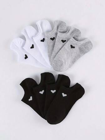 6/9/10/15 Pairs Double Ladies Cute Solid Color Heart Boat Socks Soft And Comfortable Moisture-Wicking And Sweat-Absorbing Suitable Sports Daily Outfit