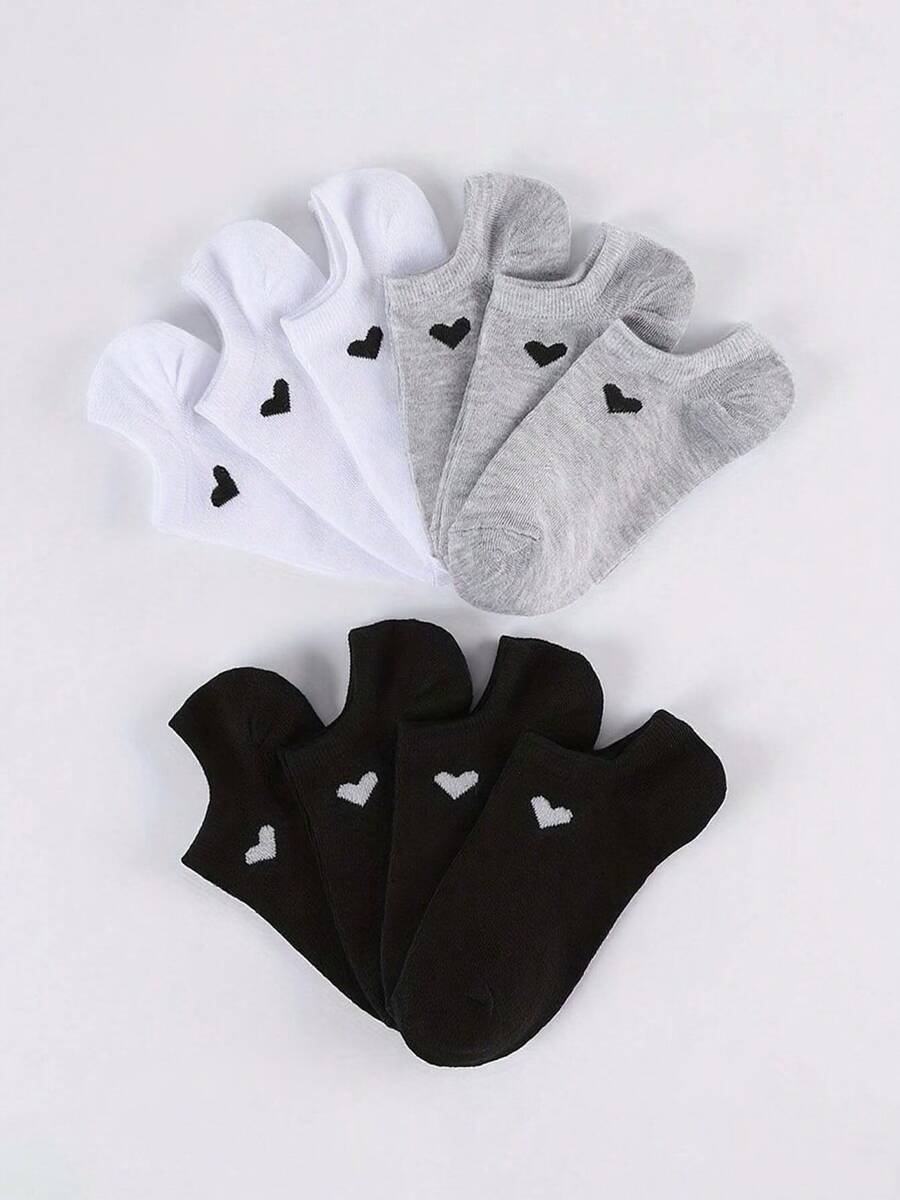 6/9/10/15 Pairs Double Ladies Cute Solid Color Heart Boat Socks Soft And Comfortable Moisture-Wicking And Sweat-Absorbing Suitable Sports Daily Outfit - Multicolor - View 1