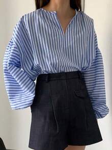 Primavera y otoño nueva camisa azul y blanco rayas verticales temperamento suelto casual linterna salvaje blusa de manga corta ropa de mujer blusas elegantes dama - Azul - Ver 2