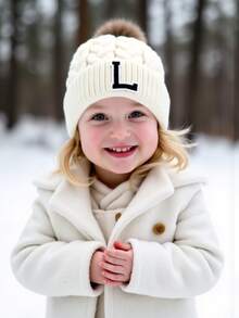 1 pieza Gorro de bebé con letra A-Z tejido, gorro de punto recién nacido, gorro cálido, unisex para bebé, sombrero de bebé versátil de unicolor - Blanco - Ver 6