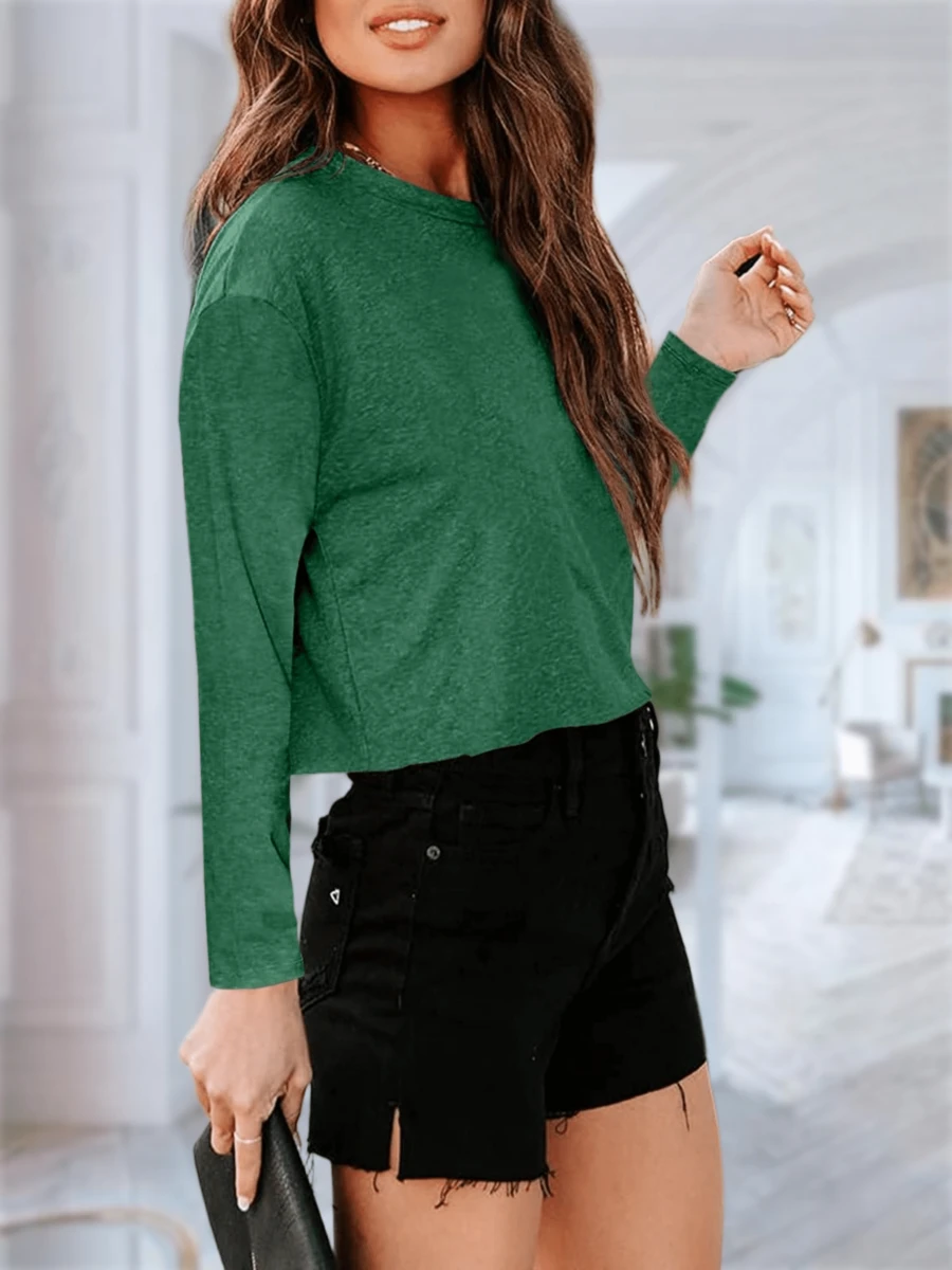 Womens Basic Casual Long Sleeve Crop Tops Crew Neck Loose Fit Drop Shoulder Cropped T Shirts Soft Comfy Cotton Tees - màu xanh đậm - Xem 1