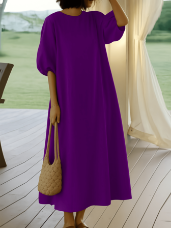 Vestido de mujer de manga farol midi con cinturón, cuello redondo, detalle de abertura, tela tejida casual, cómodo