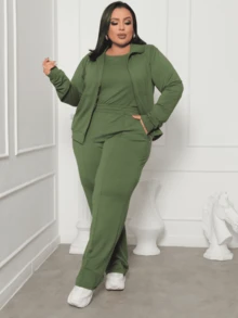 3-Piece Sweatshirt Set For Women, Plus Size, 2025 - 軍綠色 - 查看 2