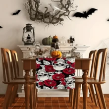 1/20 pièces Chemin de table d'Halloween, motif imprimé de fleurs rouges et de crânes blancs, décoration de table pour fête, événement, maison, cuisine, ferme, restaurant, décoration de vacances, décoration d'ambiance d'Halloween
