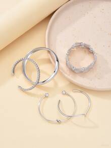 17KM 1pc/5pcs Women's Vintage Exaggerated Geometric Round Disc Asymmetrical Wave Design Wide Metal Old Coin Style Layered Bangle Bracelet Set, Suitable For Daily Wear And Party Gift - Silver - View 5
