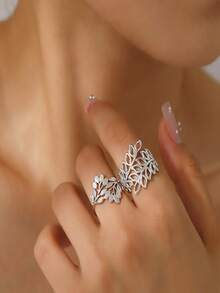1pc Stainless Steel Leaf Ring For Women, Wide Band Floral Decoration - Leaves - View 7
