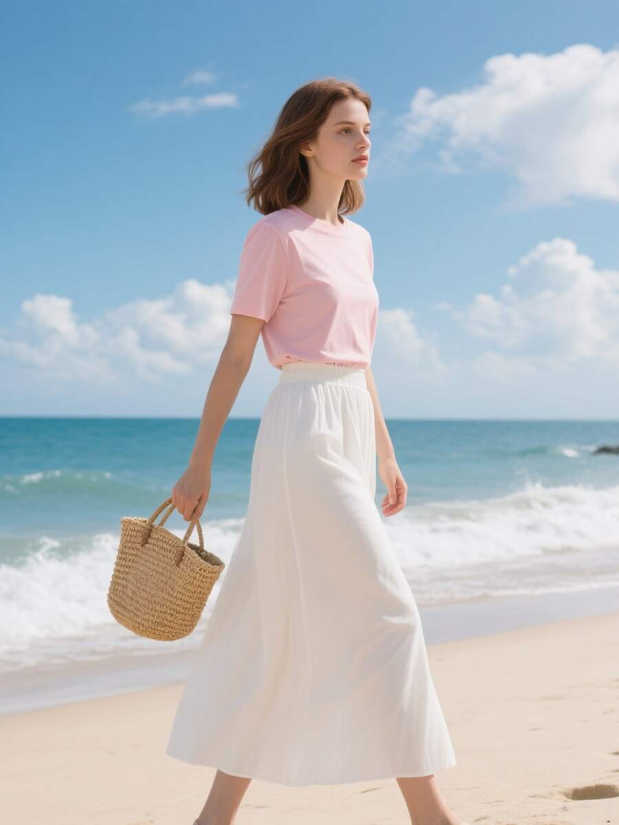 تنورة كاجوال بخط A ذات لون أحادي للنساء - أبيض - مشاهدة 1