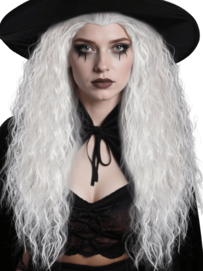 Mystical Long White Curly Wig: A Must - Have For Witch - Inspired Looks, Featuring Voluminous, Cascading Curls That Bring The Enigmatic Aura Of A Witch To Life, Suitable For Themed Parties, Cosplay Adventures, And Fantasy Gatherings