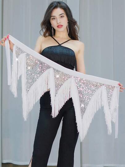Women's Sequined Belly Dance Hip Scarf Tassel Stage Performance Waist Chain Belly Dance Training Class Hip Scarf Practice Hip Scarf