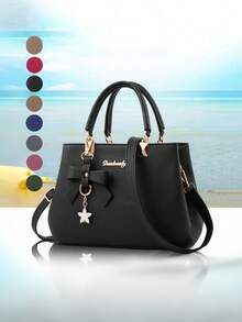 女士手提包，PU皮革拉链托特包，蝴蝶吊坠斜挎包，礼品 - 彩色 - 查看 3