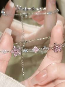 1pc Ins Style Sweet Cherry Blossom Pink Crystal Bracelet For Women
