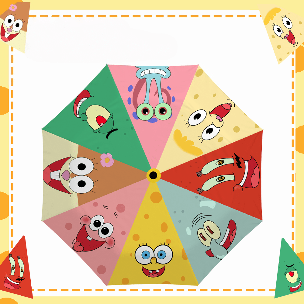 SPONGEBOB New SpongeBob SquarePants Story Mobilization Sun Umbrella Student Sunny Rain Dual-Purpose Fully Automatic Umbrella Black Plastic Sunscreen Umbrella,Umbrella Cap Top Is Divided Into Black And White, Random Delivery