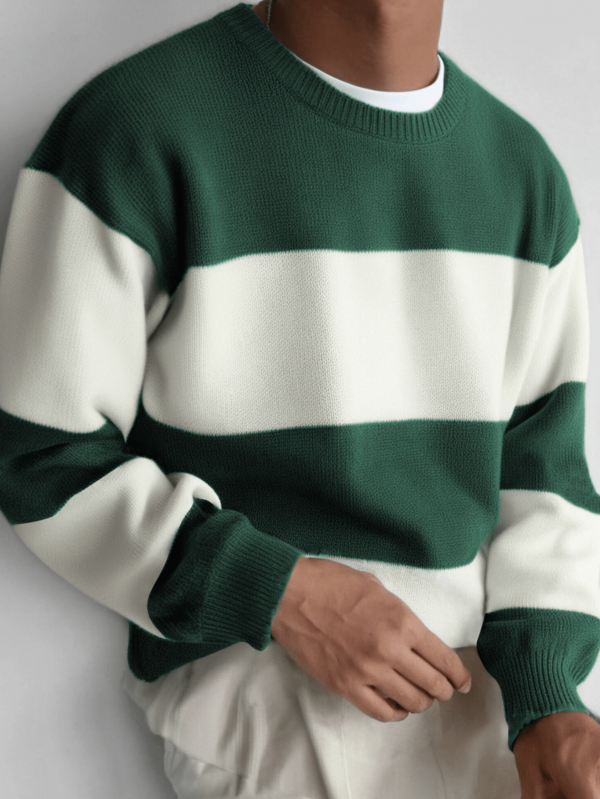 Nouveau pull ample et décontracté à manches longues, col rond, style minimaliste rayé, unisexe