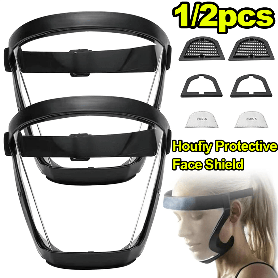 1/2PCS Houfiy Protective Face Shield, E-Nvironmentally Friendly Polycarbonate Lenses & Elastic Strap Material, Full-Face Safety Shield; Practical Protective Style, Transparent & Black Color, Large - Coverage Shape, Adjustable Strap & Removable Filter Detail, Ideal For Protection Against Splashes, Dust, And Debris, Full-Face Protective Mask Perfect For Workshops, Construction Sites, Grinding, Painting, Year - Round Safety Use And Ideal As A Gift For Handymen Or DIY Enthusiasts (Christmas, Father's Day)