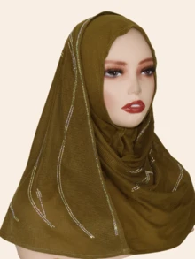 1pc Women's Knitted Jacquard Elastic Fabric Long Scarf, Wave Pattern Rhinestone Crafted Hijab Headscarf, Malaysian Style