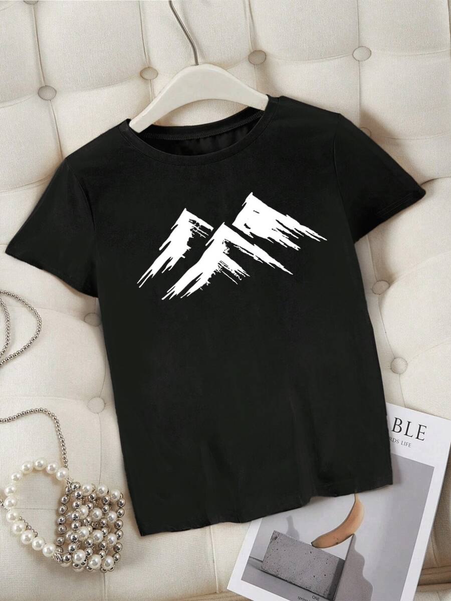 Camiseta de mujer moderna con diseño de montañas abstractas en blanco,estilo casual y cómodo,ideal para el día a día. - Negro - Ver 1