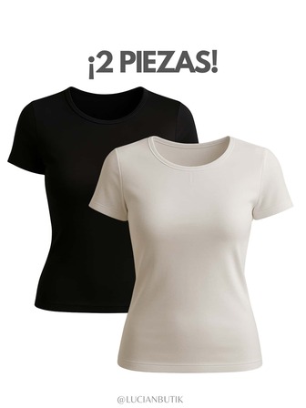 LUCIAN BUTIK 2 piezas Camiseta playera o blusa de manga corta veraniega sólida trendy cómoda para mujer ajustada o de ajuste estrecho al cuerpo con cuello redondo unicolor y con diseño casual con un pequeño fruncido frontal y lateral para dama de manga corta de corte slim delgada fresca suave y sencilla en color negro y blanco que combinan con todo