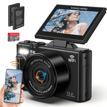 [2 Batteries + 32GB SD Card] 5K UHD Vlogging Camera, 72MP Auto Focus Digital Camera With 3" Flip Screen, WiFi, 18X Zoom, Perfect For Bloggers, Creators, Travel & Social Media, Great For Easter, Birthday Gift