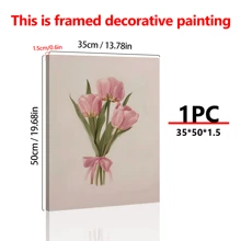 1 Piece Sassy Tulip Bouquet Room Decoration, Botanical Tulip Pink Girly Aesthetic Art , Cute Girly Decoration , Blush Pink Bow Wall Art - For Living Room, Bedroom, Hallway, Office - Canvas Material (Framed), Valentine's Day Gifts Birthday Graduation