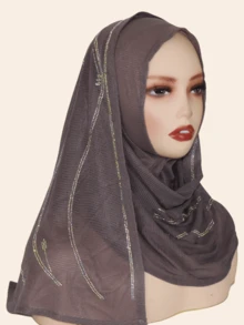 1pc Women's Knitted Jacquard Elastic Fabric Long Scarf, Wave Pattern Rhinestone Crafted Hijab Headscarf, Malaysian Style