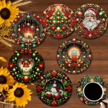8/6 Pcs Christmas Themed Round Wooden Coasters, Suitable For Beverages, Tea And Coffee Cups, Featuring Simple Santa Claus Patterns, Great For Home And Restaurant Decoration, Essential Holiday Gift Home Decor Christmas Decorations Room Decor - Multicolor - View 12