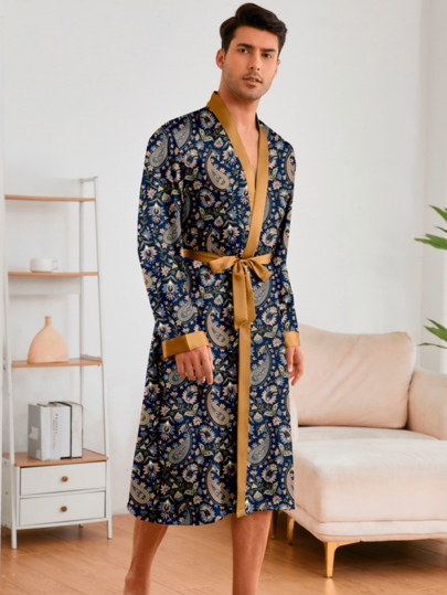 Men's Silky Sleepwear Set, European Style Long Sleeve Robe & Pajamas, Lightweight Breathable Bathrobe, Summer Loungewear