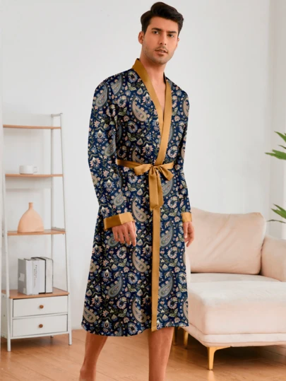 男士丝滑睡衣套装，欧式长袖睡袍及睡衣，轻盈透气浴袍，夏季家居服，速干凉爽