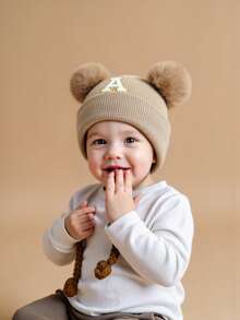 1 件装婴儿 A-Z 字母针织帽 婴儿女孩帽子 儿童无檐便帽 婴幼儿配饰 儿童帽子 弹力 0-3 岁幼儿女孩男孩帽子 - 卡其色 - 查看 3