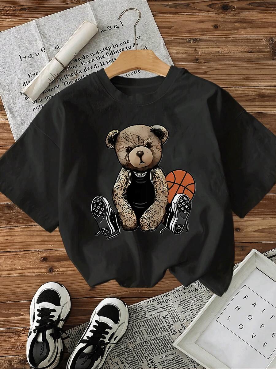 Camiseta de mujer con estampado de oso de peluche jugando baloncesto,diseño moderno y casual,ideal para el día a día. - Negro - Ver 1