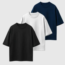 Kit 03 Men's Oversized T-Shirt High Neck Malhão Premium Fabric - Đen Trắng Xanh - Xem 1