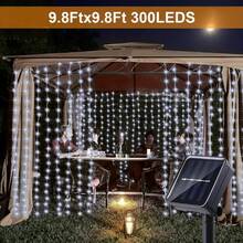 300 LED Solar Powered Window Curtain Lights, 8 Lighting Modes Fairy Lights, Christmas Decorative Lights, Suitable For Wedding, Outdoor Garden, Holiday, Wedding, Wall, Halloween, Outdoor Patio Decor