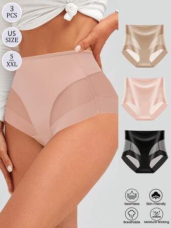 3pcs Women's High Waist Breathable Mesh Design Comfortable Soft Elastic Panties