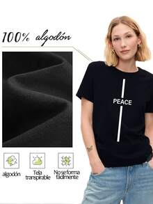 Camiseta Casual de Mujer con Estampado Peace y Rayas Verticales Diseño Original y Moderno,Ideal Para el Verano. - Negro - Ver 3