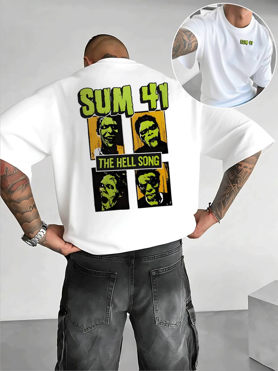 Men's Double Sided Graphic Tee With Band Logo And Zombie Faces Print, Cool Casual TShirt For Music Fans, Unique Streetwear Style